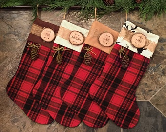 Close out Red/Black Flannel Christmas Stocking with Personalized Wood Slice Name Tag Rustic Christmas Plaid Gifts Stocking Rustic Decor