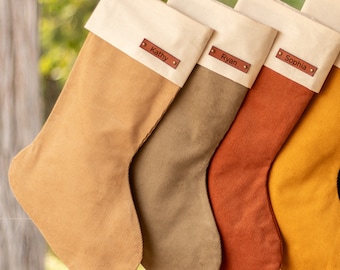 Family Christmas Stockings, Simple Rustic Christmas Stocking, Earth Tone Color Palette, Wood or Leather Name Tag