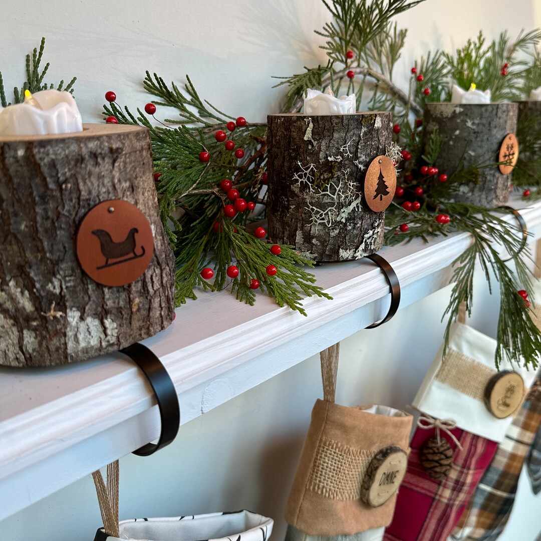 Rustic Christmas Stocking Holder, Mantle Stocking Tealight Holder