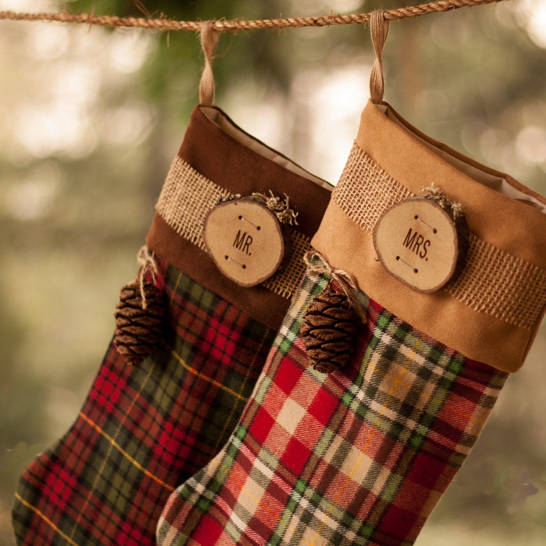 Holiday Stockings Christmas with Wood Slice Name Tag and Redwood Cone Rustic Woodland Christmas Plaid