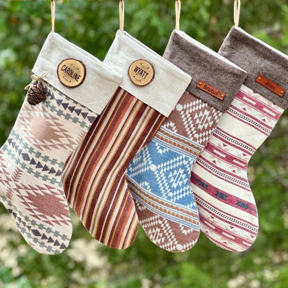 Family Christmas Stockings, Tribal Flannel Personalized Christmas Stocking Boho Christmas Stockings, Aztec Christmas Stocking Cozy Christmas