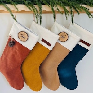 Personalized Christmas Stocking for Men, Minimalist Christmas Stocking in Earth Tones, Corduroy Christmas Stocking, Wood or Leather Name Tag