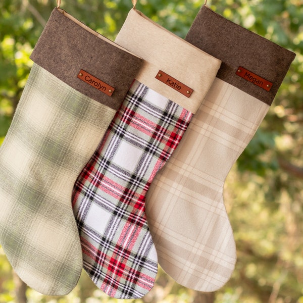 Farmhouse Christmas Stocking Personalized Wood or Leather Name Tag Redwood Cone Rustic Christmas Plaid Flannel Christmas Family Christmas
