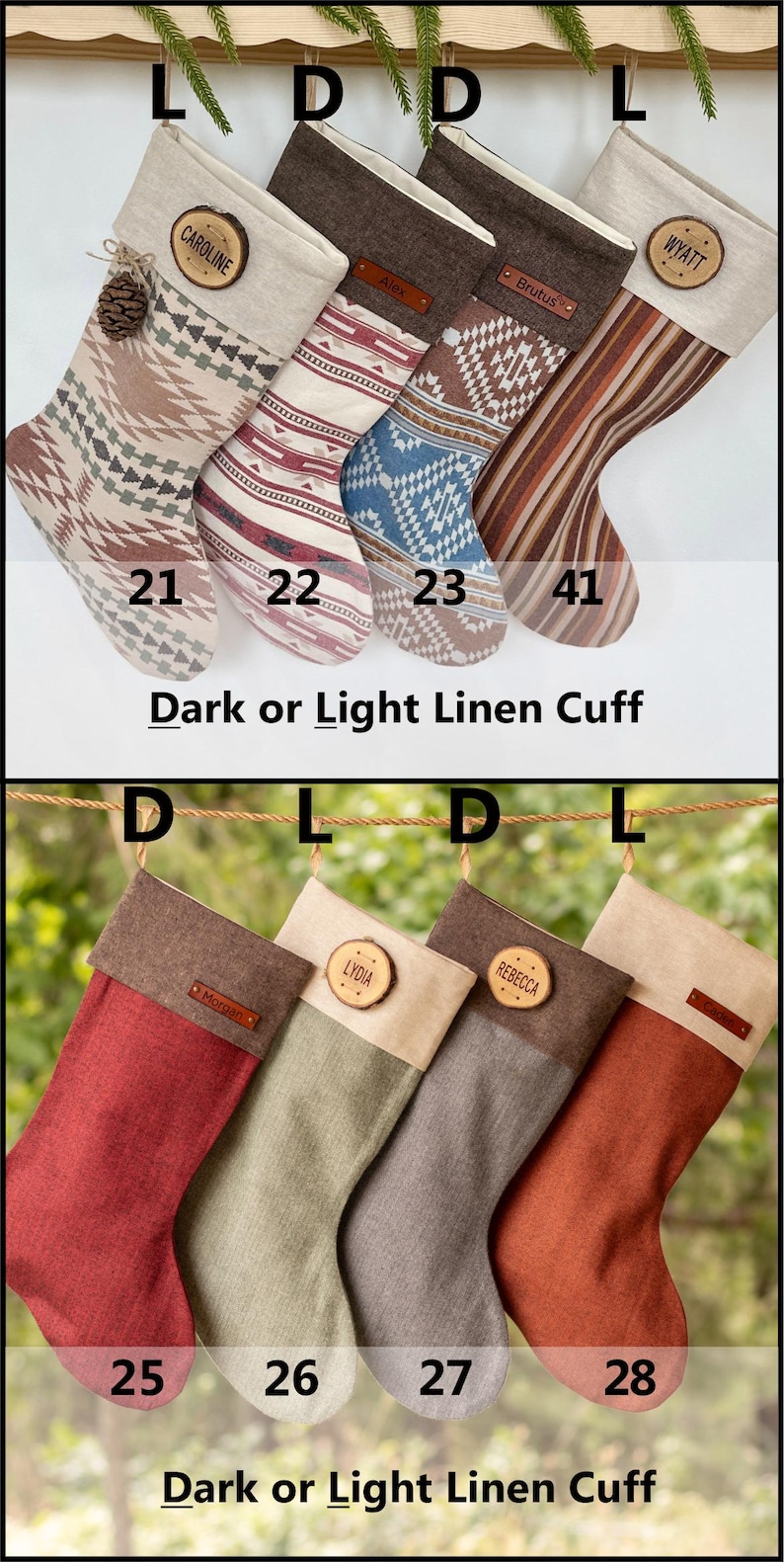 May include: Eight Christmas stockings with numbered labels 21, 22, 23, 41, 25, 26, 27, and 28. The stockings feature various patterns, solid colors, and personalized wooden or leather tags with names like Caroline, Alex, Brutus, Wyatt, Morgan, Lydia, and Rebecca. Text includes Dark or Light Linen Cuff.