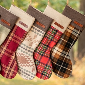 Personalized Christmas Stockings in Plaid or Corduroy, Stocking for Pet, Rustic Farmhouse Christmas Stockings