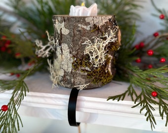 Log Stocking Holder, Mantle Stocking Tealight Holder, Shelf Stocking Holder, Rustic Christmas Stocking Holder