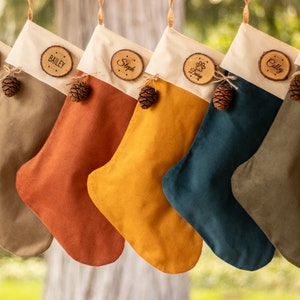 Family Christmas Stockings, Rustic Christmas Stocking, Earth Tone Color Palette, Wood or Leather Name Tag
