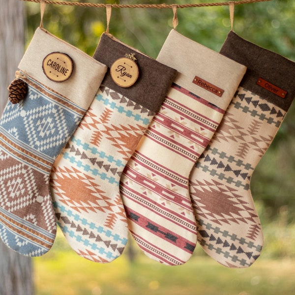 Family Christmas Stockings, Tribal Flannel Personalized Christmas Stocking Boho Christmas Stockings, Aztec Christmas Stocking Cozy Christmas