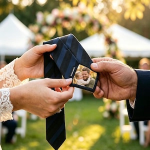 May include: A navy blue striped tie with a small photo insert. The tie is held by two people, with a photo of a family visible in the insert. The tie has a classic design, suitable for formal occasions.