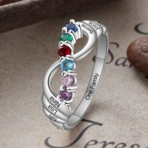 STERLING SILVER Personalized Engraved Mothers Ring 6 Stone Custom Engraved Ring Mom Kids Names Grandmother Birthstone Infinity Ring Jewelry