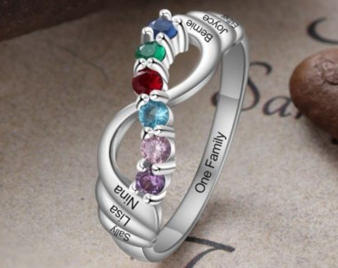 STERLING SILVER Personalized Engraved Mothers Ring 6 Stone Custom Engraved Ring Mom Kids Names Grandmother Birthstone Infinity Ring Jewelry