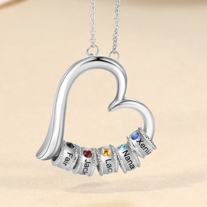 Collar con colgante de corazón familiar personalizado, piedra de nacimiento, nombre, joyería grabada personalizada, regalo para el Día de la Madre 2026, abuela y Nana.