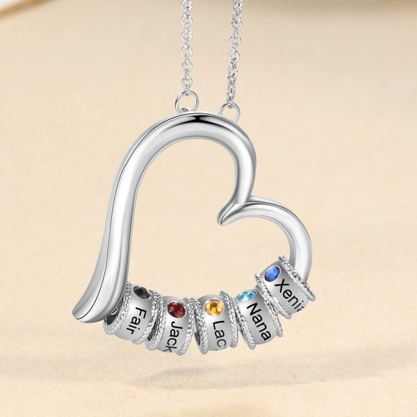 Personalized Family Heart Pendant Necklace 1 2 3 4 5 6 7 Birthstone Name Custom Engraved Jewelry Mom Mothers Day Gift Mother Nana Grandmom