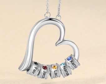 Personalized Family Heart Pendant Necklace 1 2 3 4 5 6 7 Birthstone Name Custom Engraved Jewelry Mom Mothers Day Gift Mother Nana Grandmom