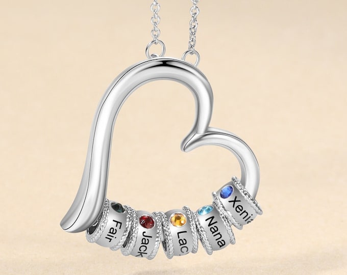 Personalized Family Heart Pendant Necklace 1 2 3 4 5 6 7 Birthstone Name Custom Engraved Jewelry Mom Christmas Gift 2026 Grandmother Nana