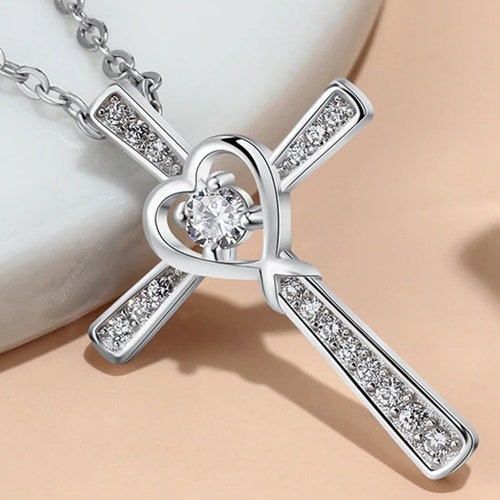 STERLING SILVER Cross Heart Pendant Cubic Zirkonia Necklace Etsy