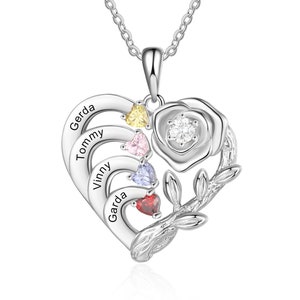 Custom Rose Flower Heart Birthstone Engraved Name Necklace Silver Women - Mothers Necklace One Two Three Four Stones - Mom Kids Name Jewelry