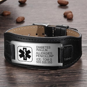 Custom Leather Steel Medical Alert ID Bracelet Men Adjustable Engraving, Emergency Contact, SOS Hospital Medic Information Gift Him Diabetic