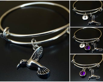 monogram charm bangle initial bracelet expandable bangle hummingbird charm bracelet personalized bracelet Hummingbird bangle
