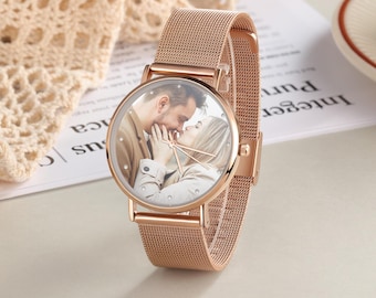 Photo Watch Women, Personalized Picture Wristwatch, Engraved Rose Gold Timepiece, Custom Anniversary Gift