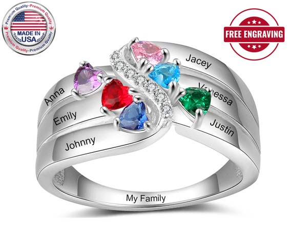 4 Stone Engraved Mothers Rings Personalized With Names -  MothersFamilyRings.com