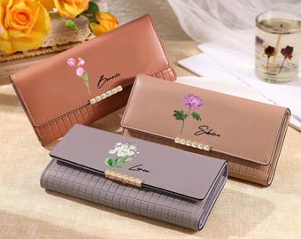 Custom Birth Flower Leather Long Wallet with Name for Women, Birthflower Purse Birthday for Her, Mom and Mother's Day Gift 2026,