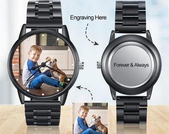 Photo Wrist Watches Bands Straps Mens, Personalized Engraved Stainless Steel Watch for Him, Anniversary Birthday Christmas Gift Fathers Day
