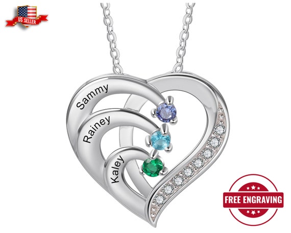 STERLING SILVER Engraved Necklace 2 Stone 2 Name Mothers Jewelry Two  Birthstone Kids Anniversary Promise Christmas Gift Women Grandma USA - Etsy