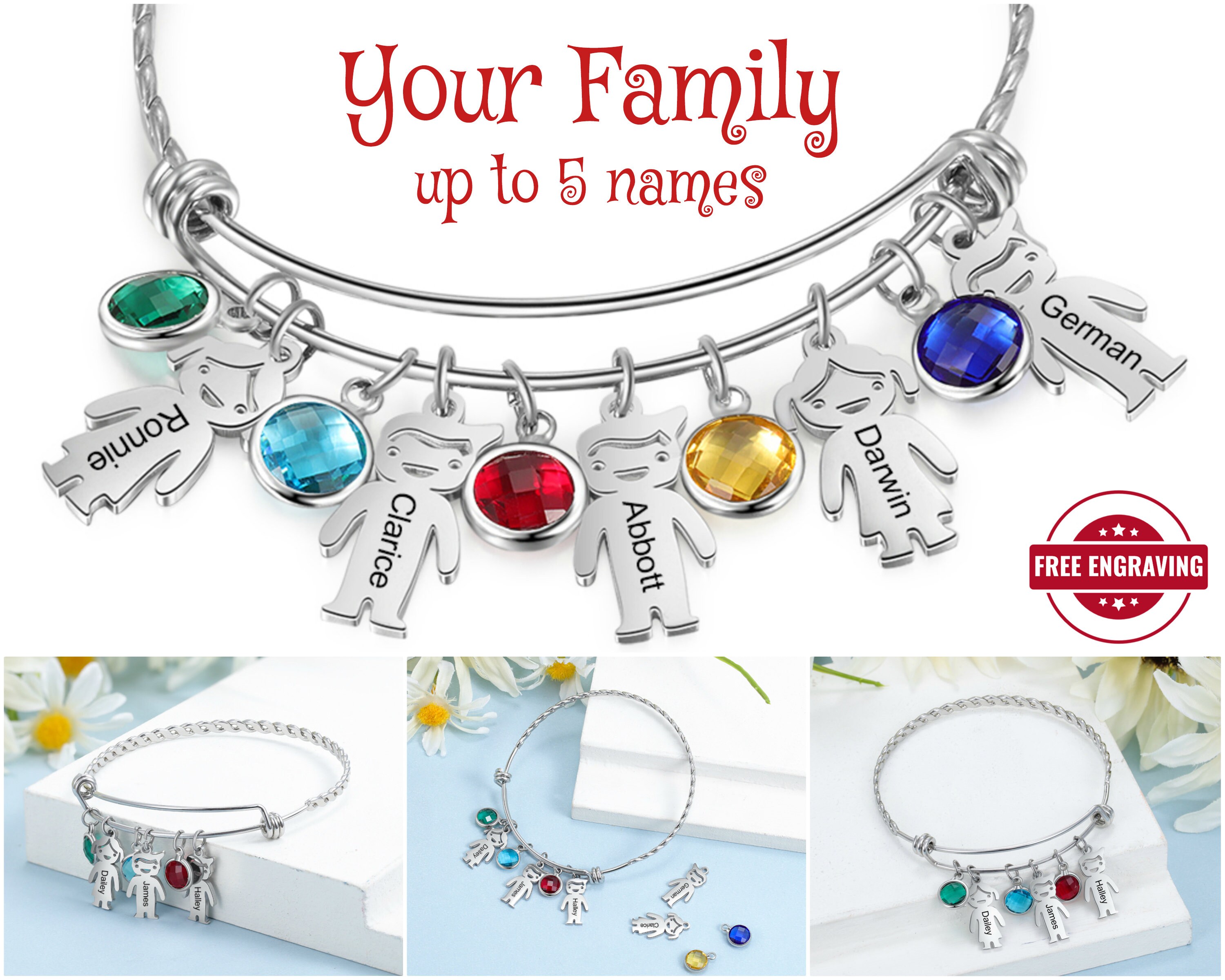 Mothers Bracelet Kids Names Birthstone Engraved Name Etsy Nederland
