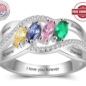 STERLING SILVER Mothers Ring 4 Stone 4 Name Engraved - Family Ring Four Stone - Mothers Day Gift 2024 Birthstone Mom Grandmother Christmas