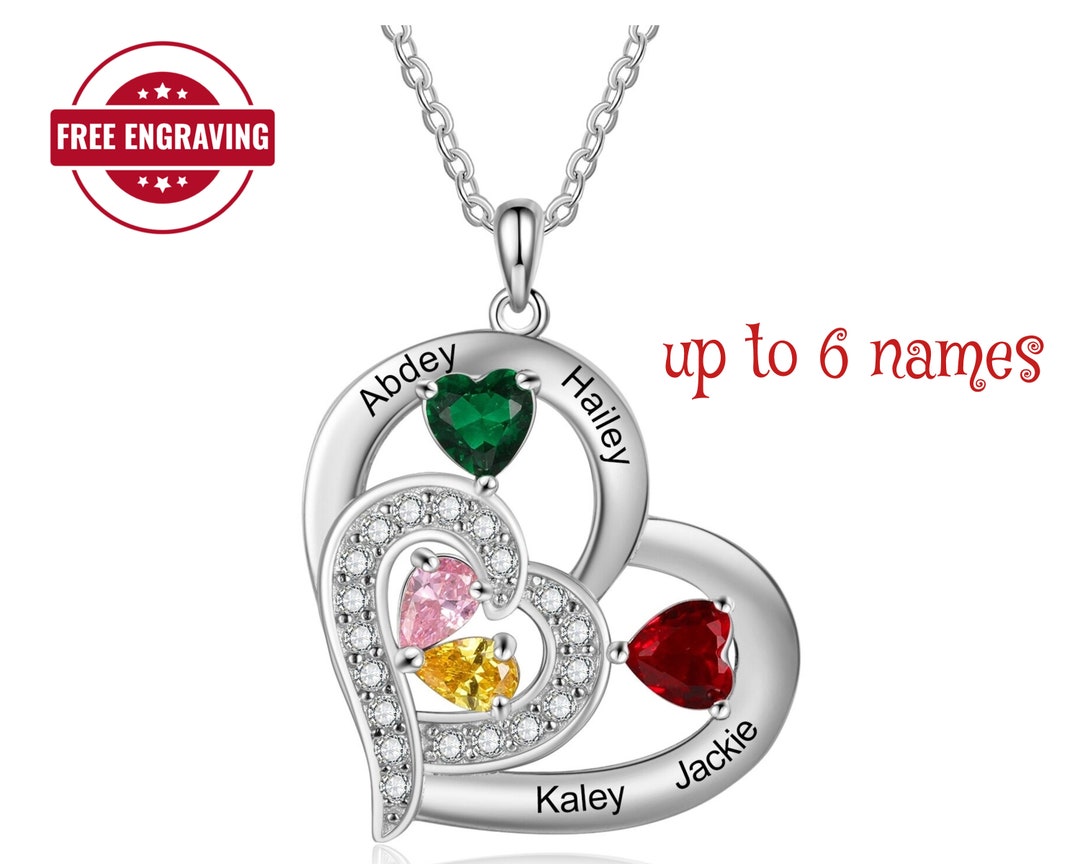 Mothers Heart Necklace 1 to 6 Kids Names Birthstone Personalized ...