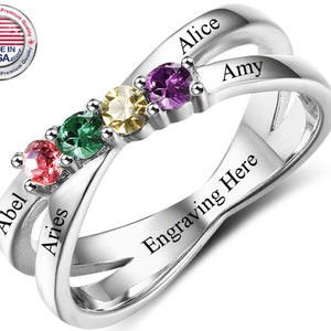 Mothers Ring 4 Stone 4 Name Engraved Sterling Silver - Mothers Ring 4 Birthstone - Mothers Birthstone Ring Four Stone - Family Ring 4 Stone