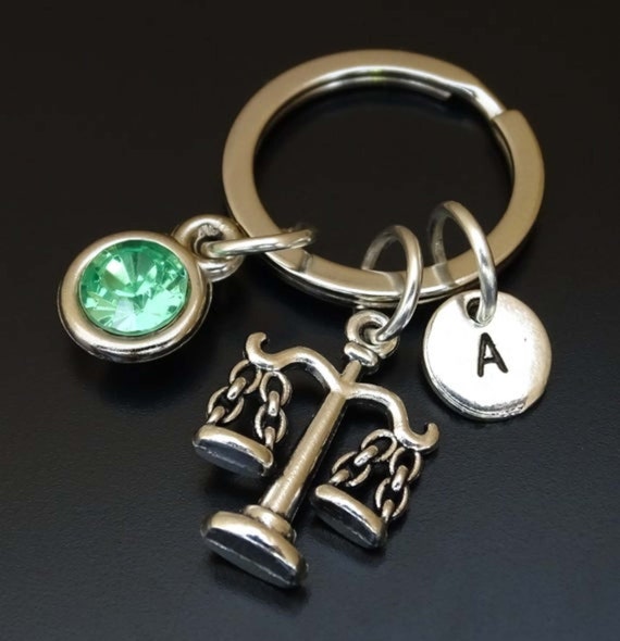 Scales of Justice Keychain Personalized Initial & Birthstone Etsy
