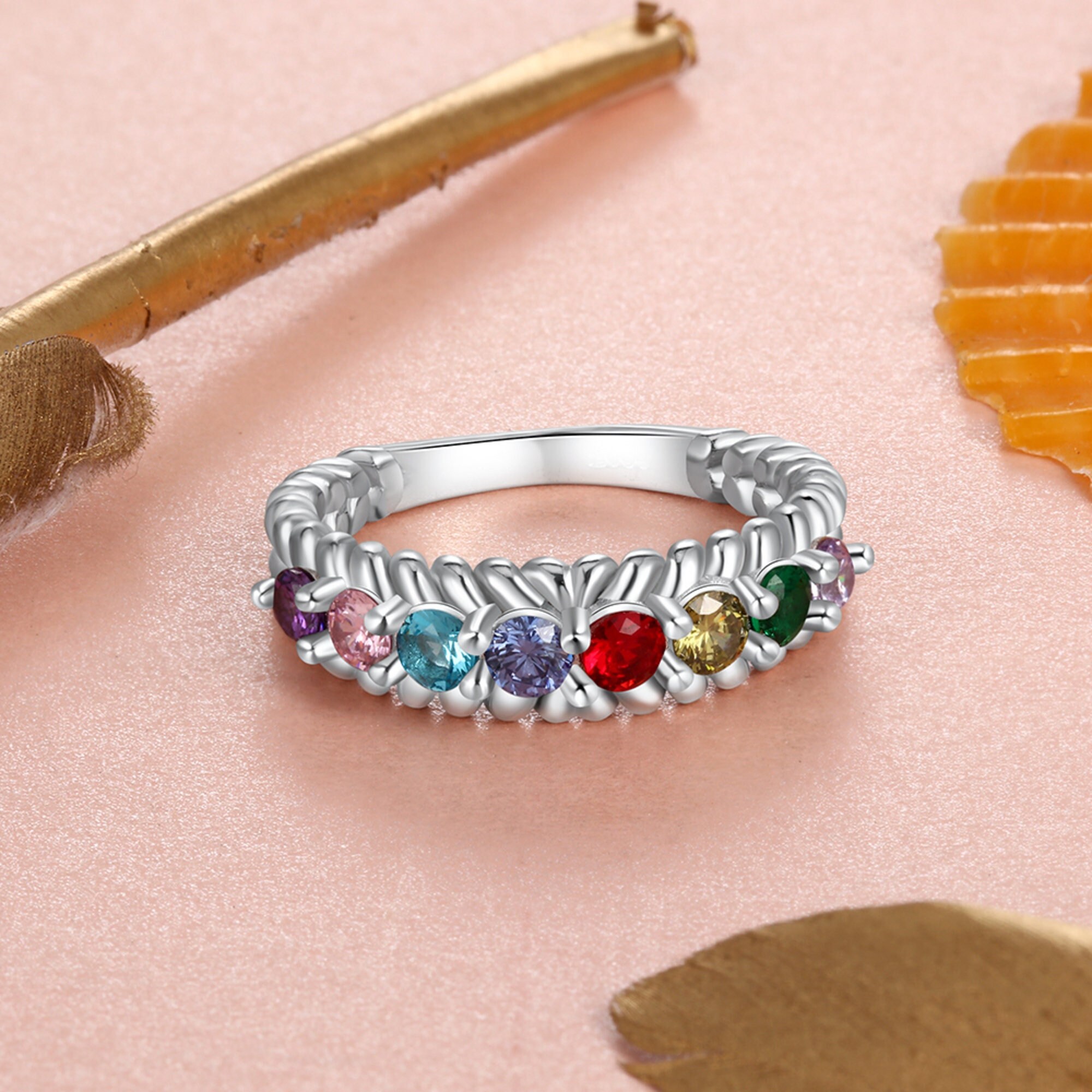 Mothers Ring 8 Stone Silver Family Ring 8 Birthstones Moms Ring