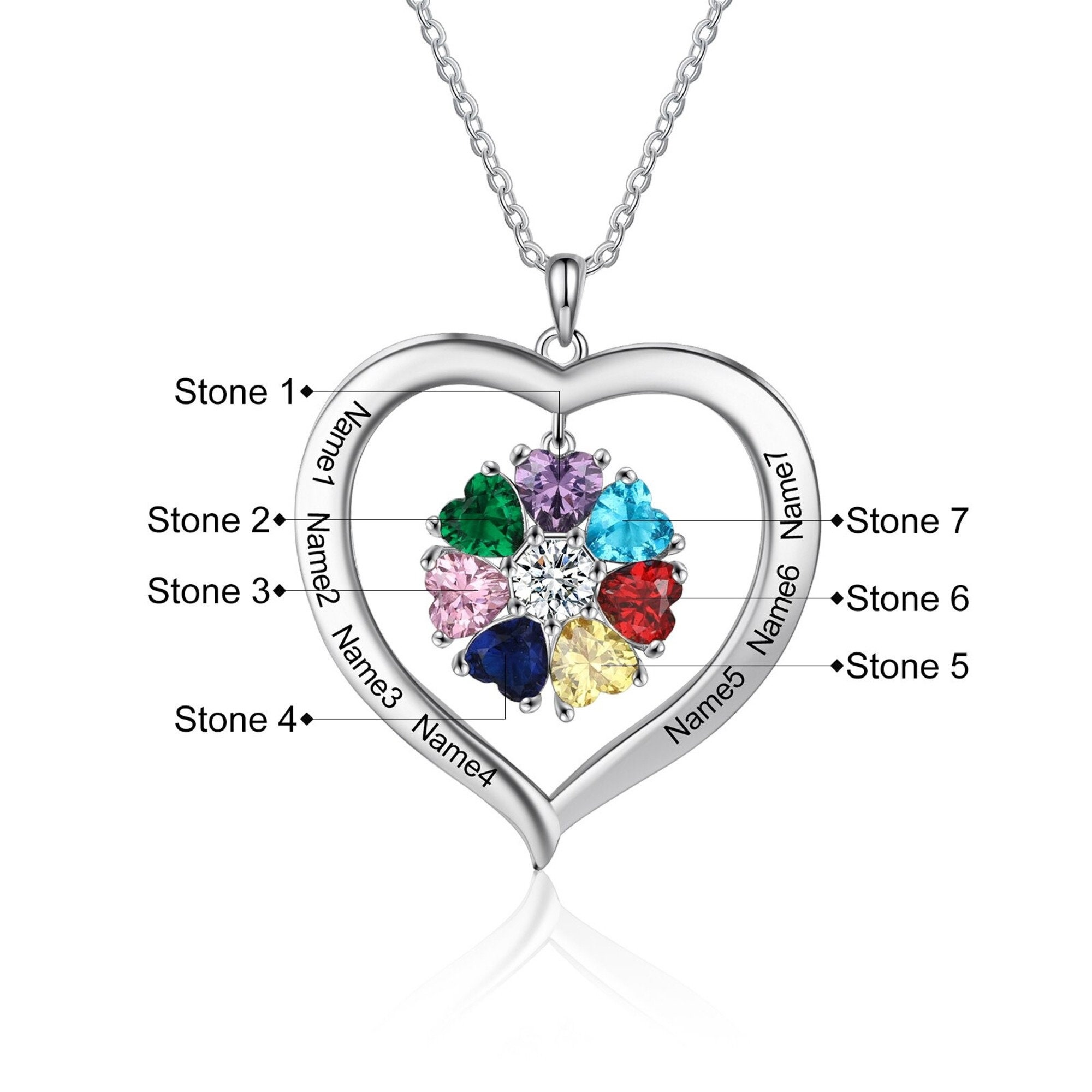 Personalized Rose Heart Necklace Custom 4 Names & Birthstones Mother  Necklace
