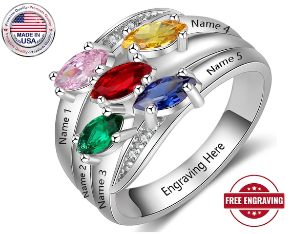 Mothers Ring 5 Stone 5 Name Engraved Sterling Silver Mothers Ring