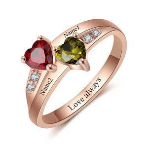 Personalized 2 Birthstone Engraved Name Mothers Day Ring Women Stone Heart Cubic Zirconia Mom Rose Gold Jewelry Christmas Grandmother Family