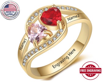 Mothers Ring 2 Stone 2 Name Engraved Gold - Mothers Ring 2 Birthstone - Family Ring 2 Stone - Promise Ring for Her - Mother Ring 2 Stone