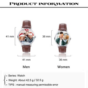 May include: Two brown leather strap watches with custom photo faces. The men's watch face is 41 mm, and the women's is 36 mm. The watches have silver-tone cases and are labeled "Men" and "Women".
