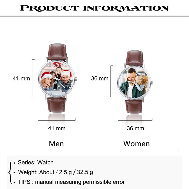 May include: Two brown leather strap watches with custom photo faces. The men's watch face is 41 mm, and the women's is 36 mm. The watches have silver-tone cases and are labeled "Men" and "Women".