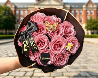 Graduation Bouquet Flowers Personalized Glitter Rose Arrangement, Class of 2026 Keepsake Gift for Daughter College Graduate