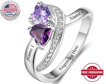 STERLING SILVER Mothers Ring 2 Stone 2 Name Engraved - Mom Ring 2 Birthstone - Kids Name Ring  2 Stone - Mothers Day Jewelry Gift - Grandma