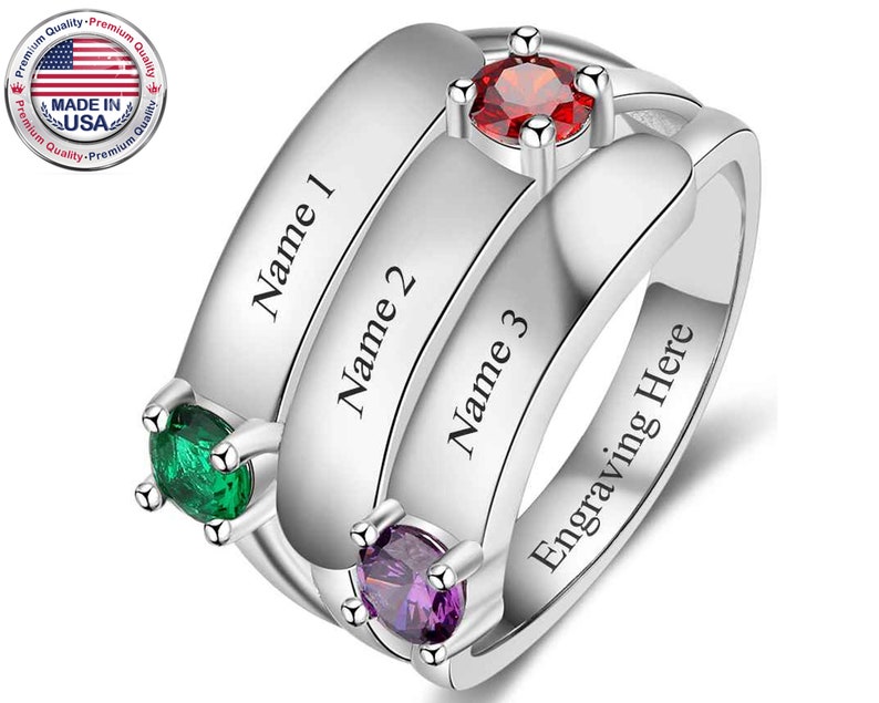 Family Ring with Birthstones and Engraved Names - MonogramHub.com