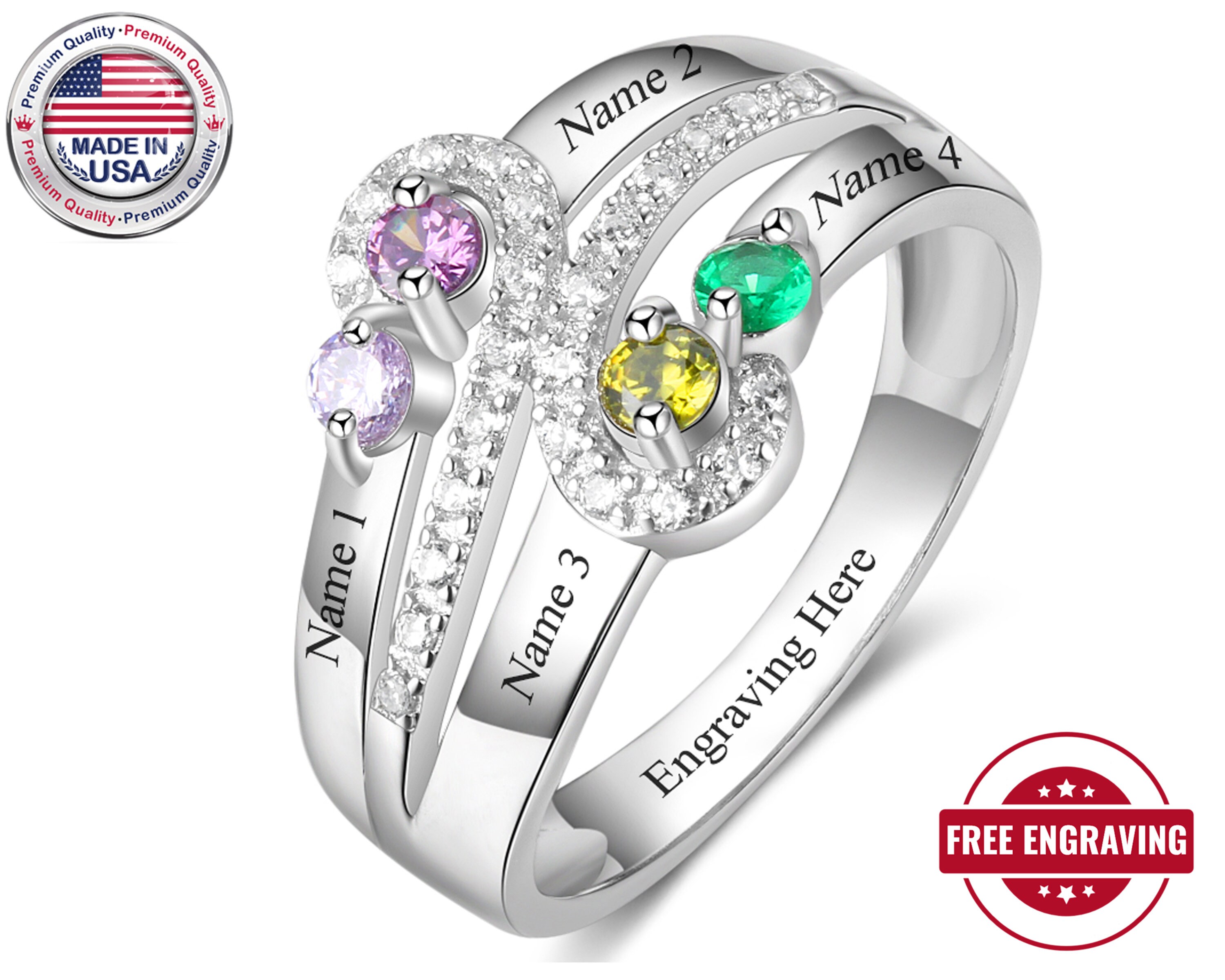 Mothers Ring 4 Stone 4 Name Engraved 