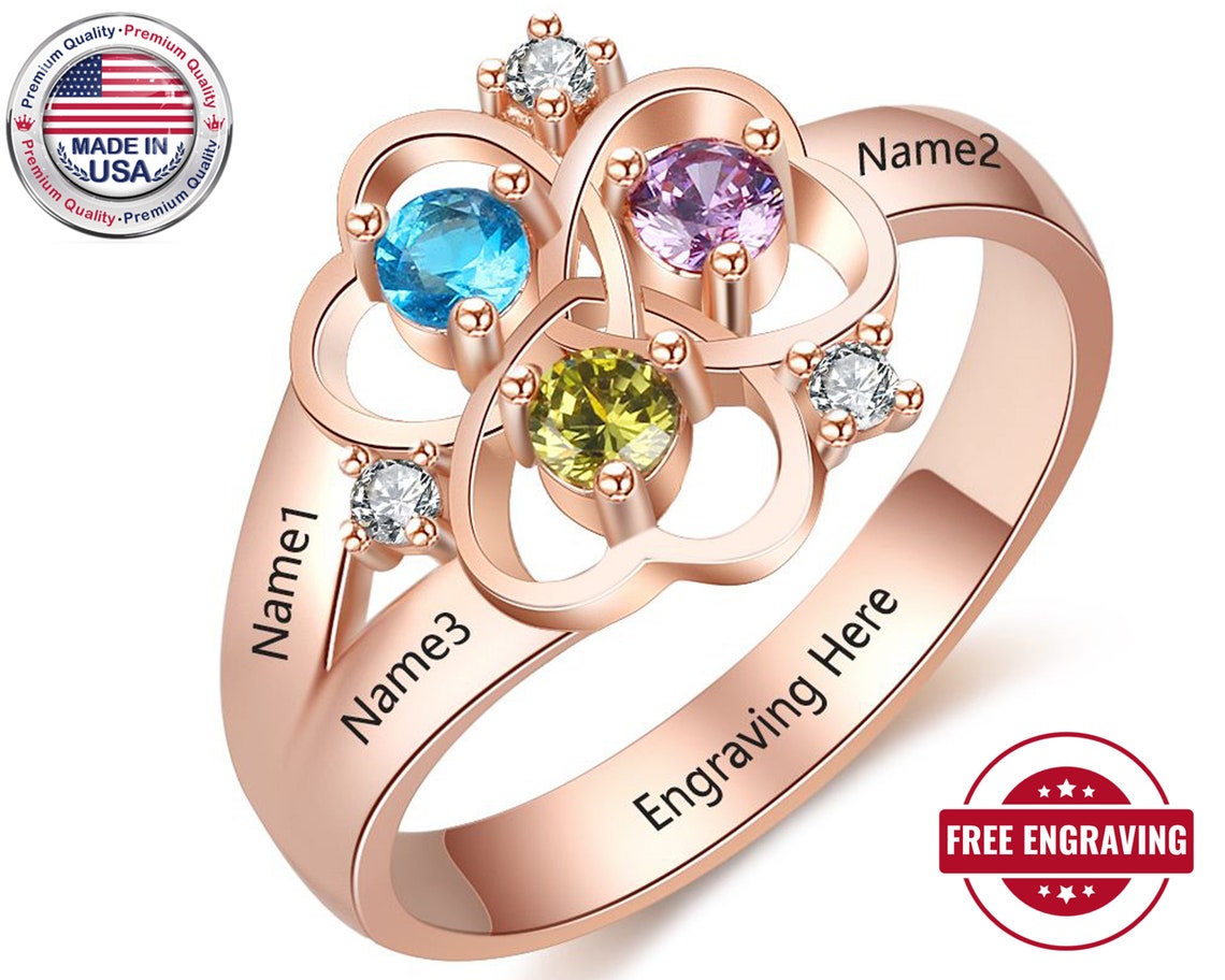 Mothers Ring 3 Stone 3 Name Engraved Rose Gold Triple Heart Etsy