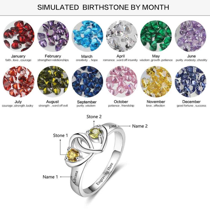 Mothers Ring 2 Stone 2 Name Engraved Sterling Silver Mothers Ring 2 Birthstone Family Ring 2 Stone Birthstone Ring for Mom from Kids