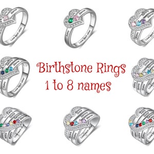 Sterling Silver Birthstone Rings for Mom Names and Birthstones - Personalized Engraved Mothers Day Ring 1 2 3 4 5 6 7 8 Stone Kids Names USA