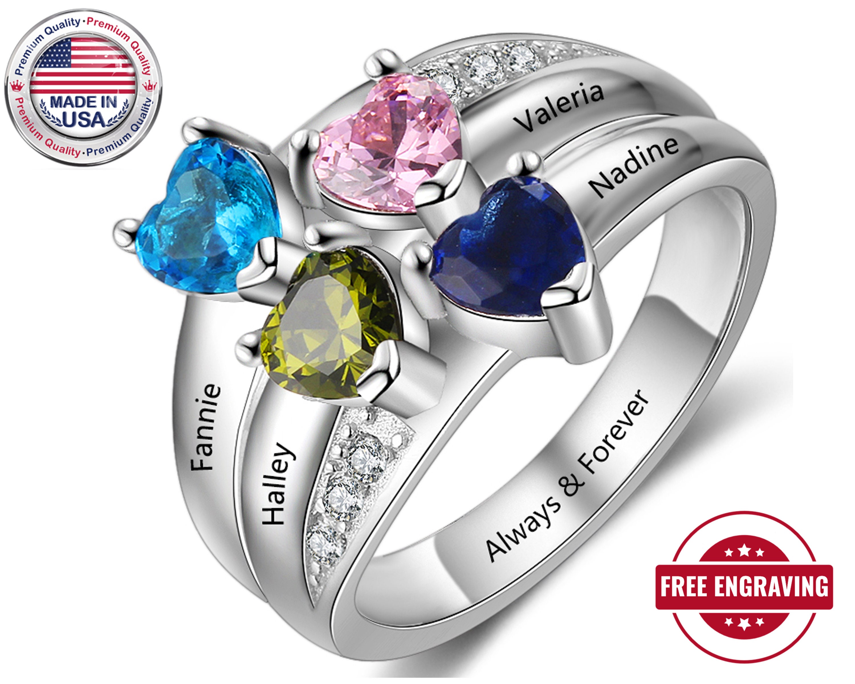 Mothers Ring 4 Stone 4 Name Engraved Sterling Silver Family Ring 4