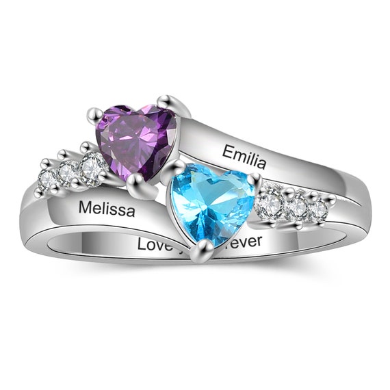 Mothers Ring 2 Birthstone 2 Name Engraved Sterling Silver Mom Ring
