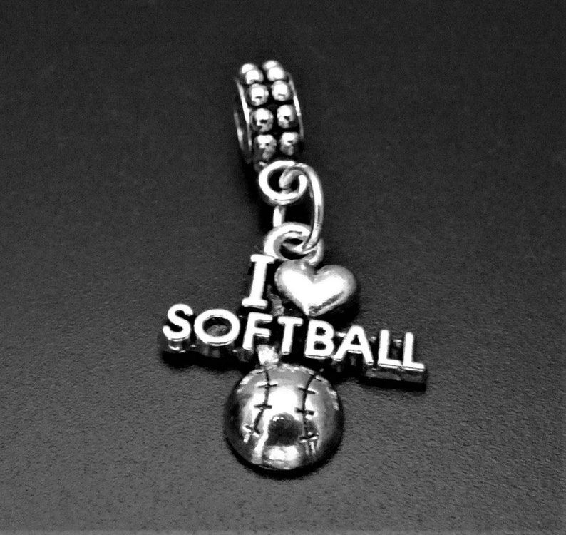Softball Dangle Charm I love Softball Charm fits European and Brand Bracelets Softball Charm Bead Softball Bracelet -Softball Necklace